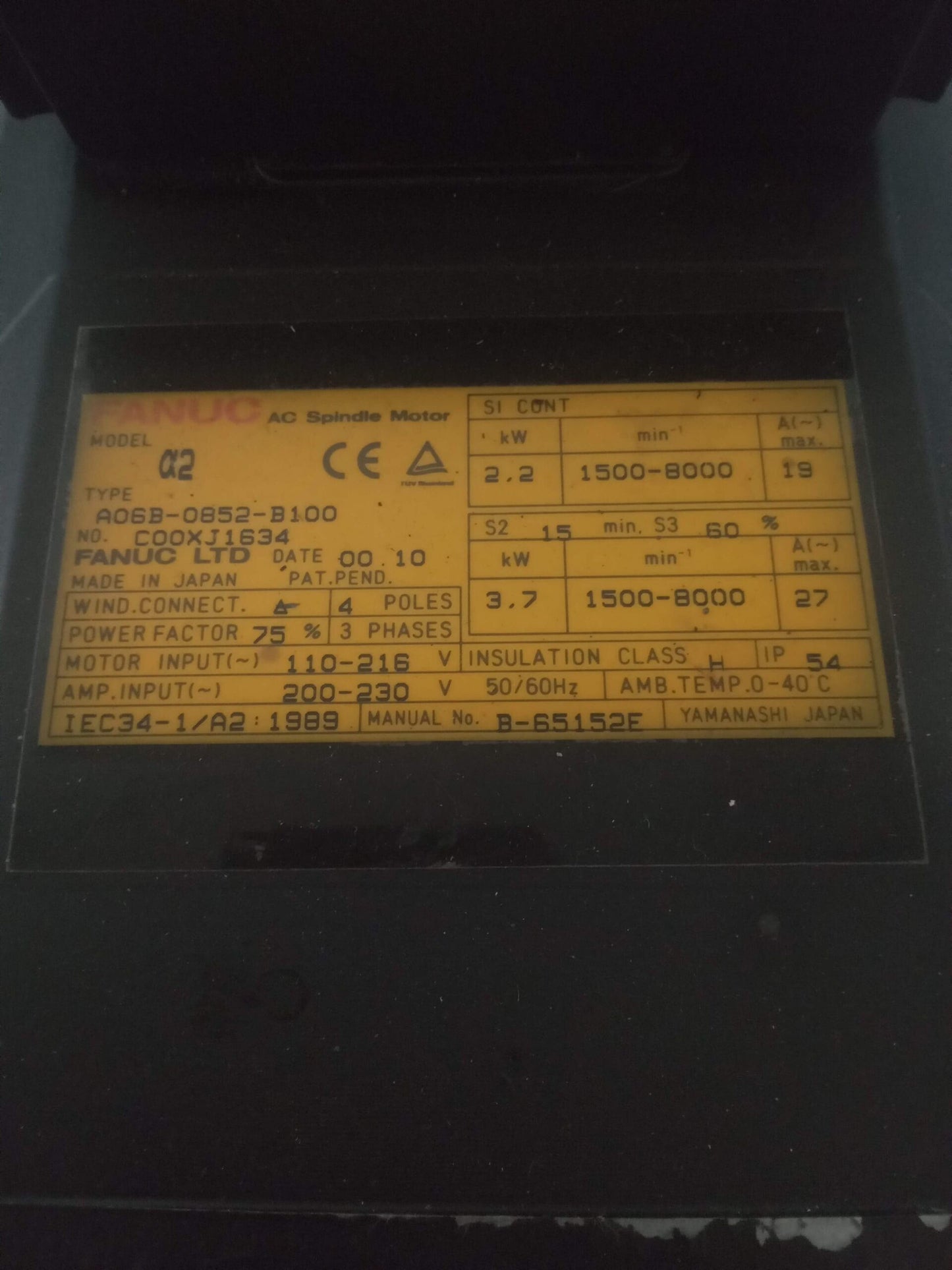 FANUC A06B-0852-B100 AC SPINDLE MOTOR