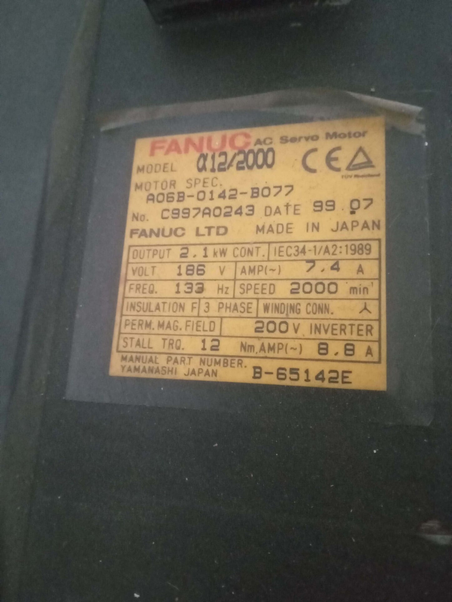 FANUC A06B-0142-B077 α12/2000 AC SERVO MOTOR B-651142E a12/2000