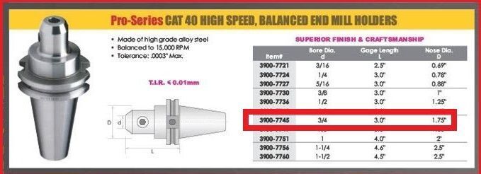 HHIP 3900-7745 PRO-SERIES 3/4 CAT 40 V-FLANGE END MILL HOLDER 3" GAGE DEPTH