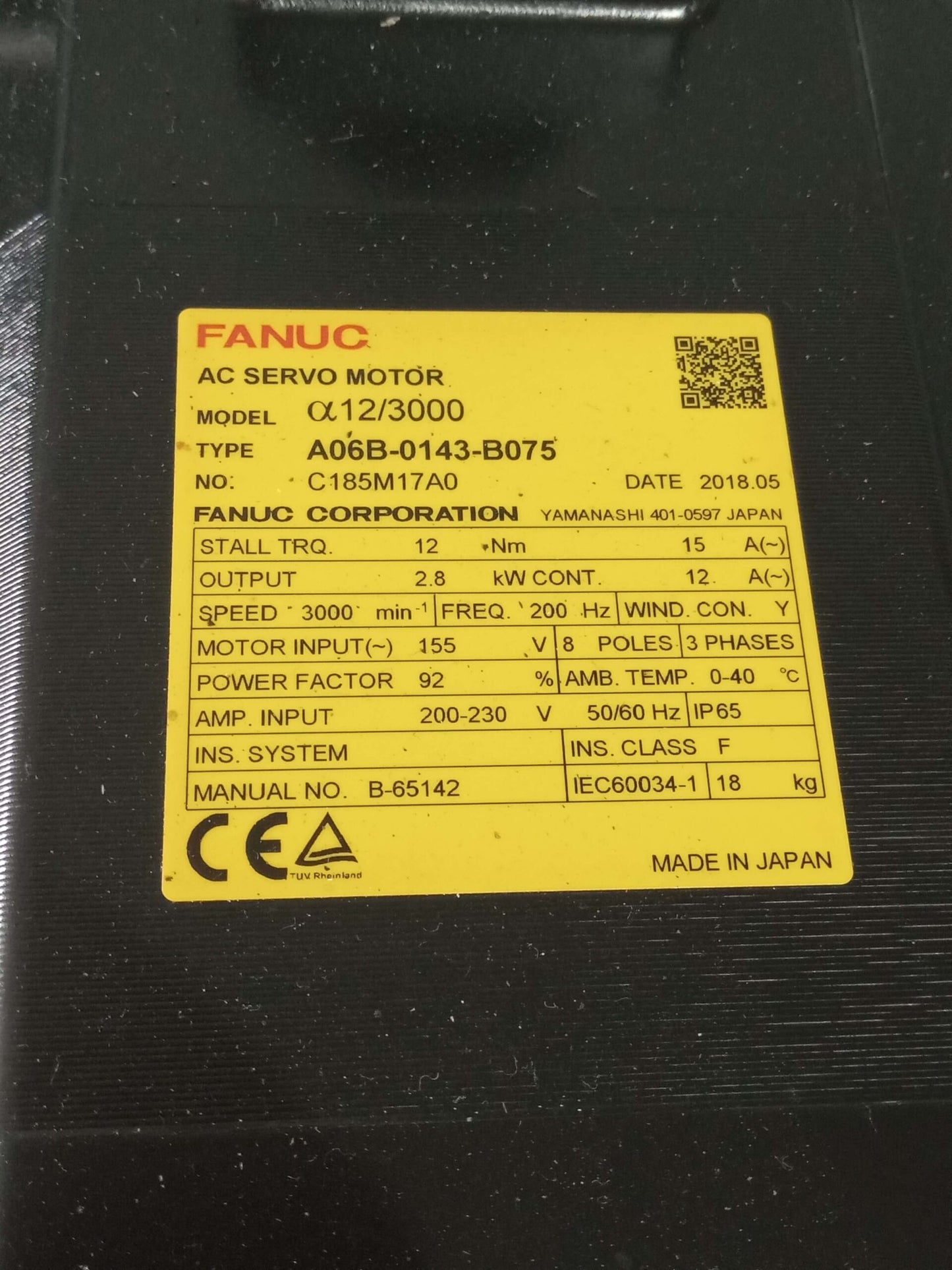 FANUC A06B-0143-B075 AC SERVO MOTOR a 12/3000 2018 model year