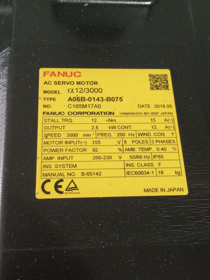 FANUC A06B-0143-B075 AC SERVO MOTOR a 12/3000 2018 model year
