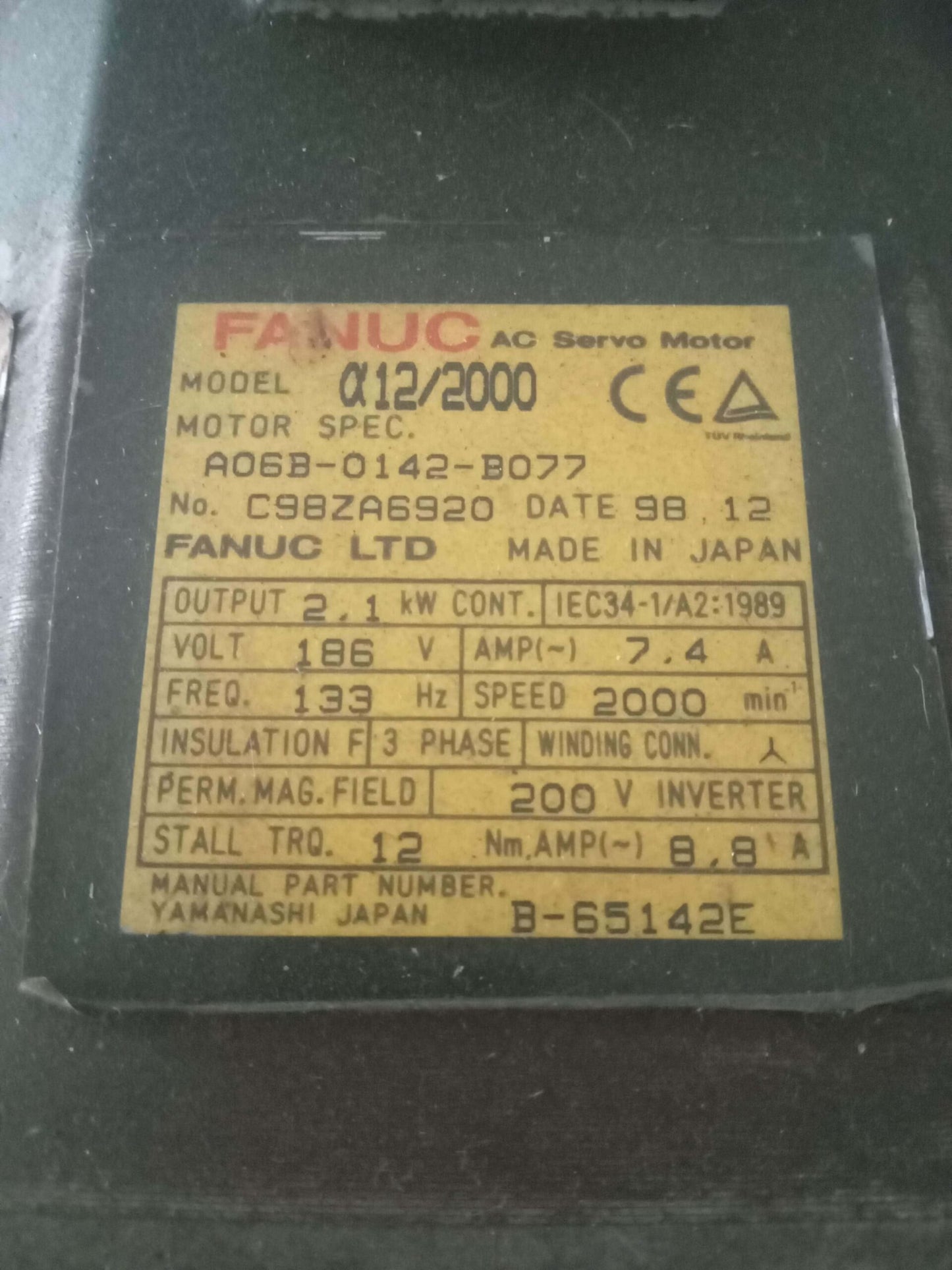FANUC A06B-0142-B077 α12/2000 AC SERVO MOTOR B-65142E